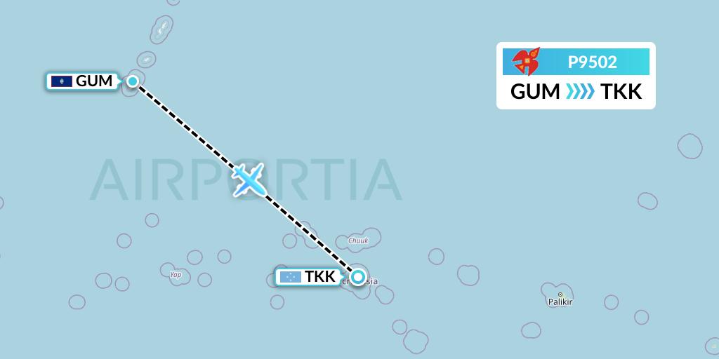 P9502 Asia Pacific Airlines Flight Map: Guam to Chuuk