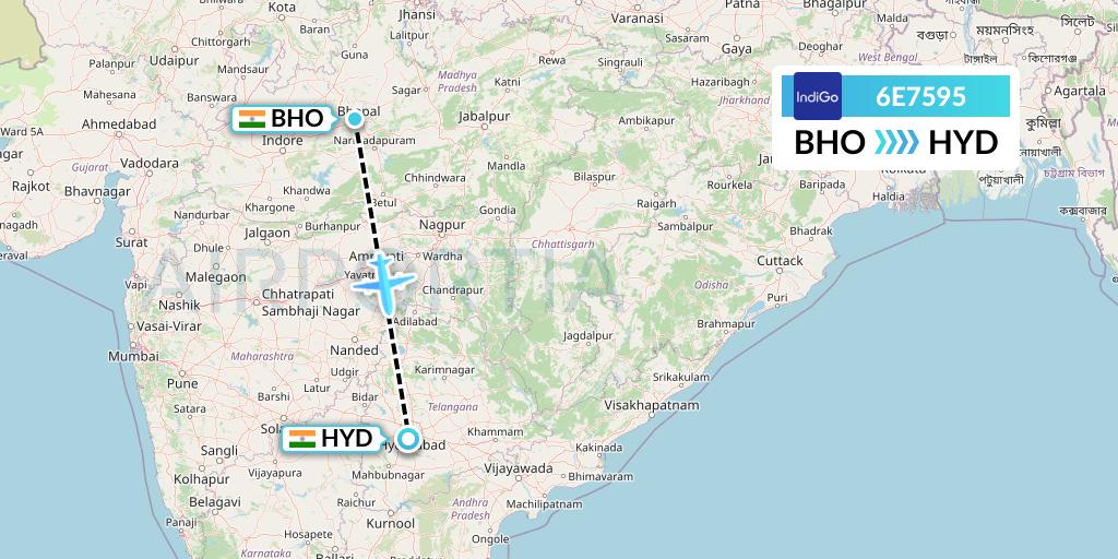 6E7595 IndiGo Airlines Flight Map: Bhopal to Hyderabad