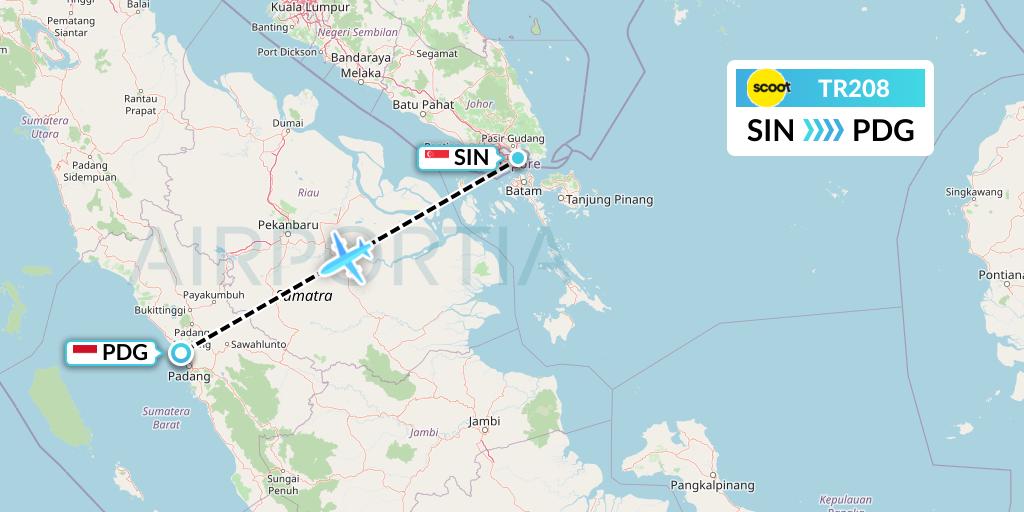 TR208 Tigerair Flight Map: Singapore to Padang