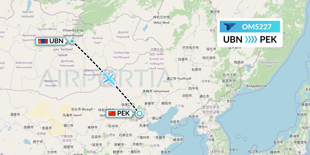 OM5227 MIAT Mongolian Airlines Flight Map: Ulan Bator to Beijing