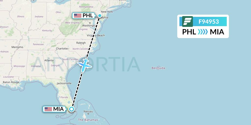 F94953 Frontier Airlines Flight Map: Philadelphia to Miami
