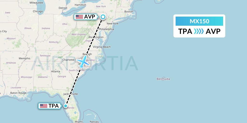 MX150 Breeze Airways Flight Map: Tampa to Avoca