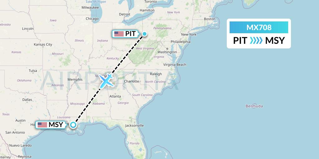 MX708 Breeze Airways Flight Map: Pittsburgh to New Orleans