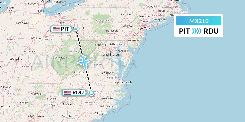 MX210 Breeze Airways Flight Map: Pittsburgh to Raleigh-Durham