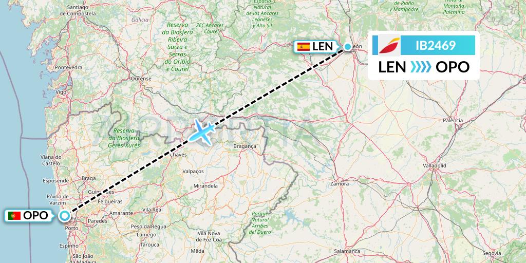 IB2469 Iberia Flight Map: Leon to Porto
