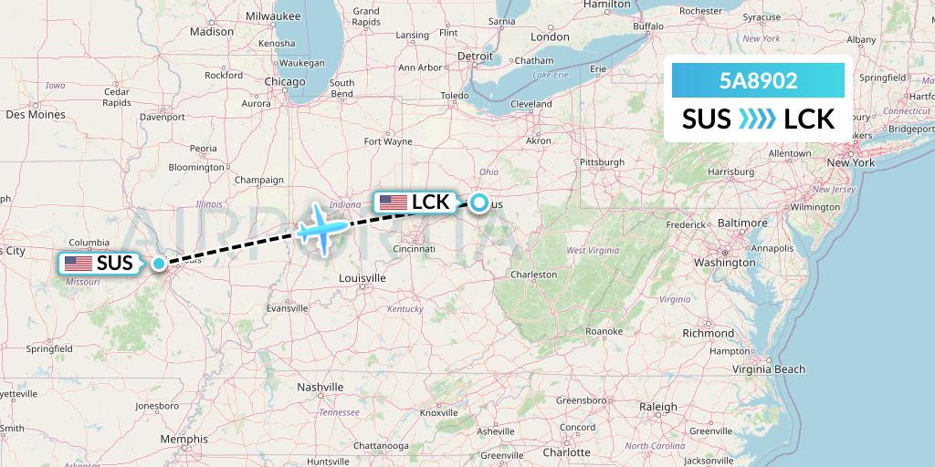 5A8902 Alpine Air Express Flight Map: St. Louis to Columbus