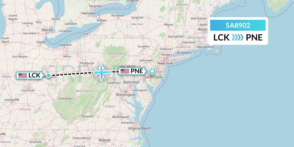 5A8902 Alpine Air Express Flight Map: Columbus to Philadelphia