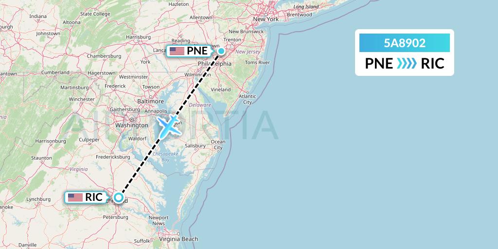 5A8902 Alpine Air Express Flight Map: Philadelphia to Richmond