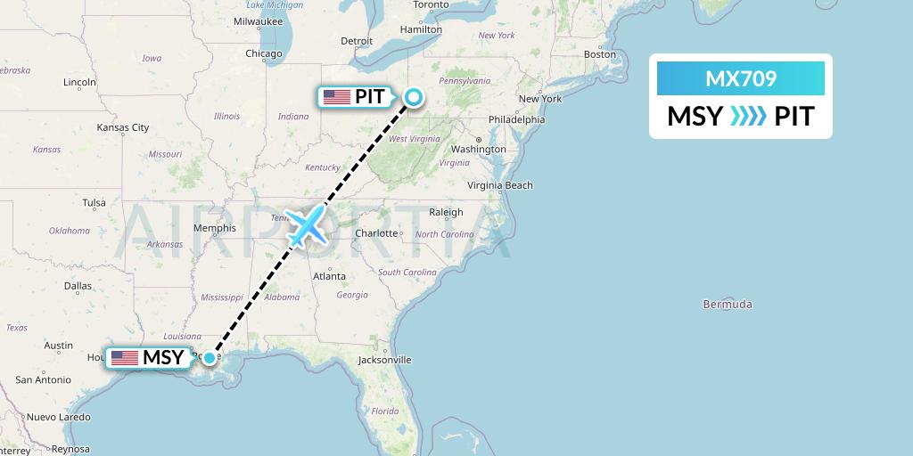 MX709 Breeze Airways Flight Map: New Orleans to Pittsburgh