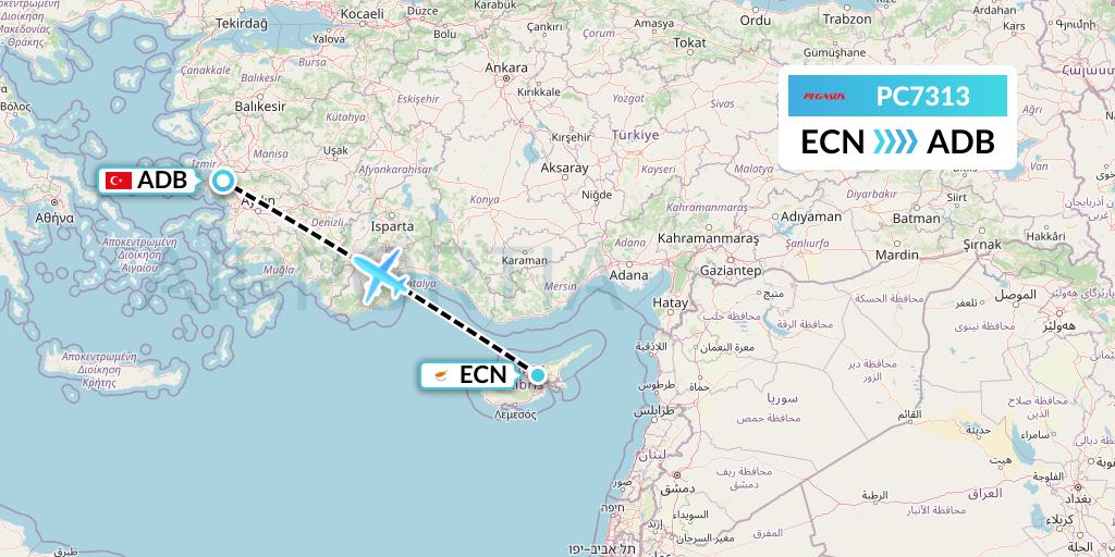 PC7313 Pegasus Airlines Flight Map: Tymvou to Izmir