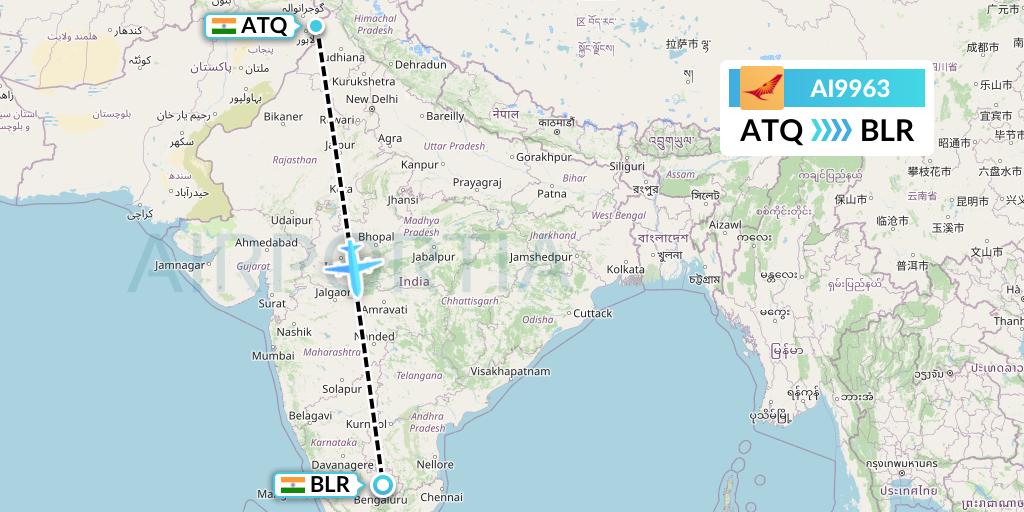 AI9963 Air India Flight Map: Amritsar to Bangalore