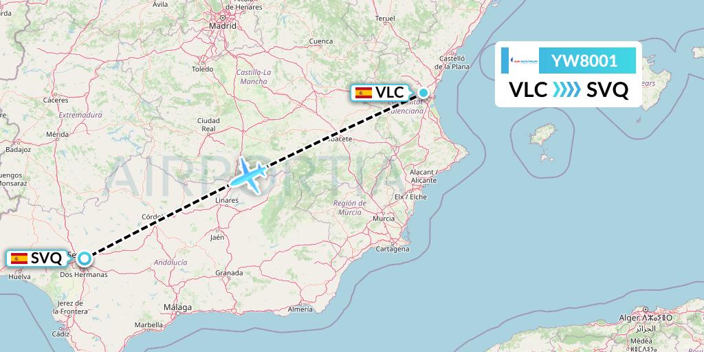 YW8001 Air Nostrum Flight Map: Valencia to Seville