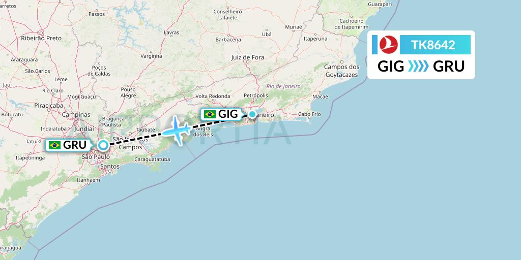 TK8642 Turkish Airlines Flight Map: Rio de Janeiro to Sao Paulo
