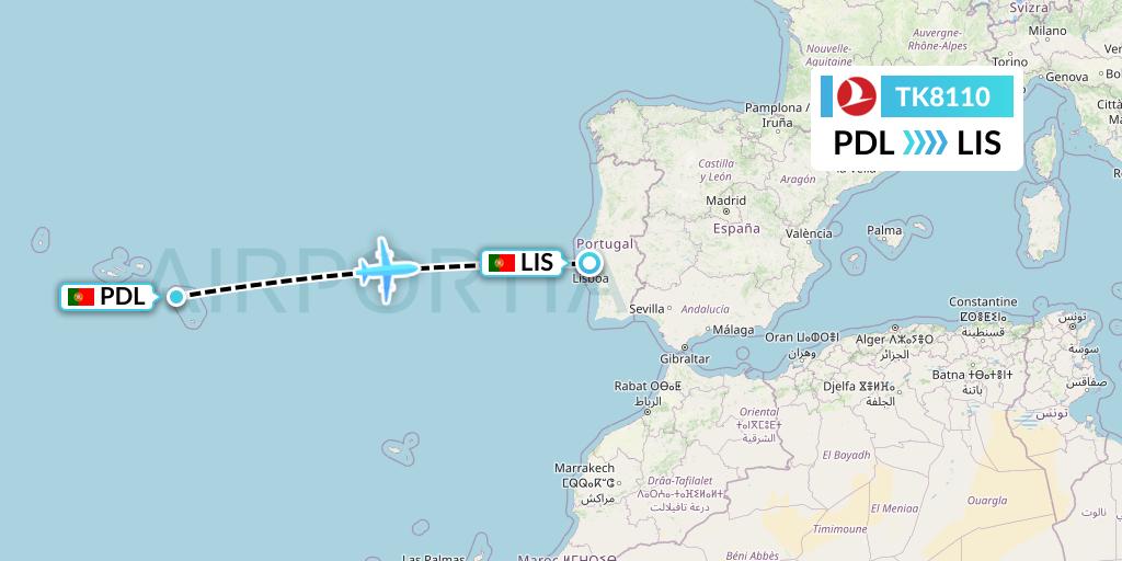 TK8110 Turkish Airlines Flight Map: Ponta Delgada to Lisbon