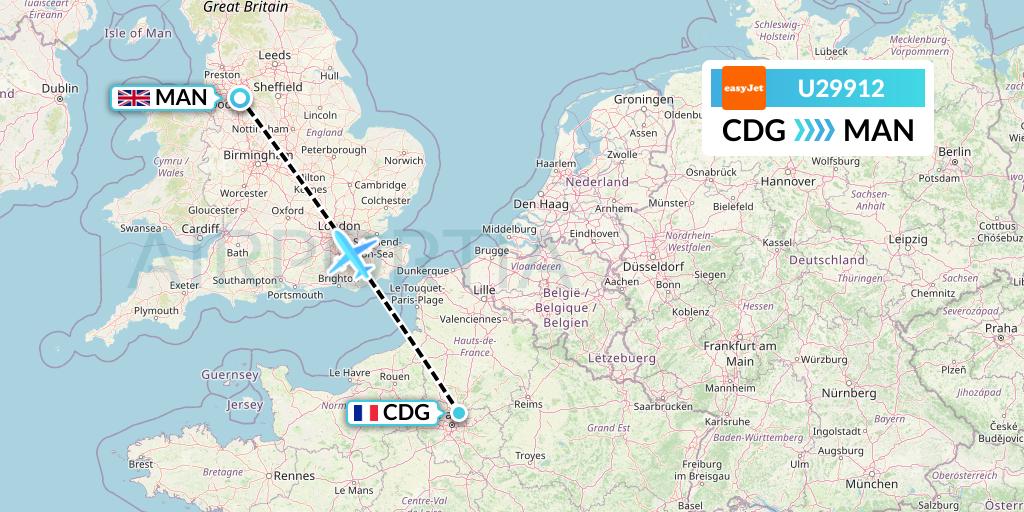 U29912 EasyJet Flight Map: Paris to Manchester