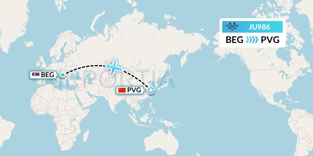 JU986 AirSERBIA Flight Map: Belgrade to Shanghai