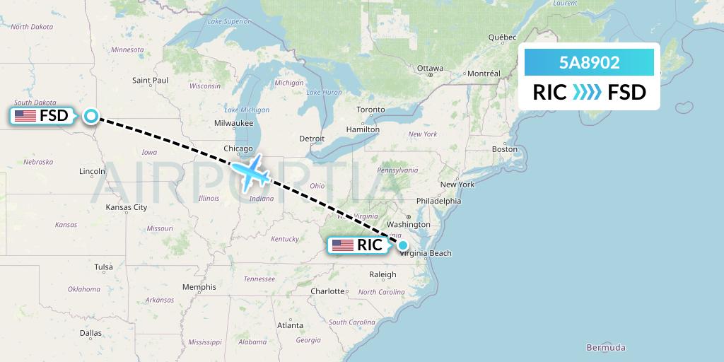 5A8902 Alpine Air Express Flight Map: Richmond to Sioux Falls