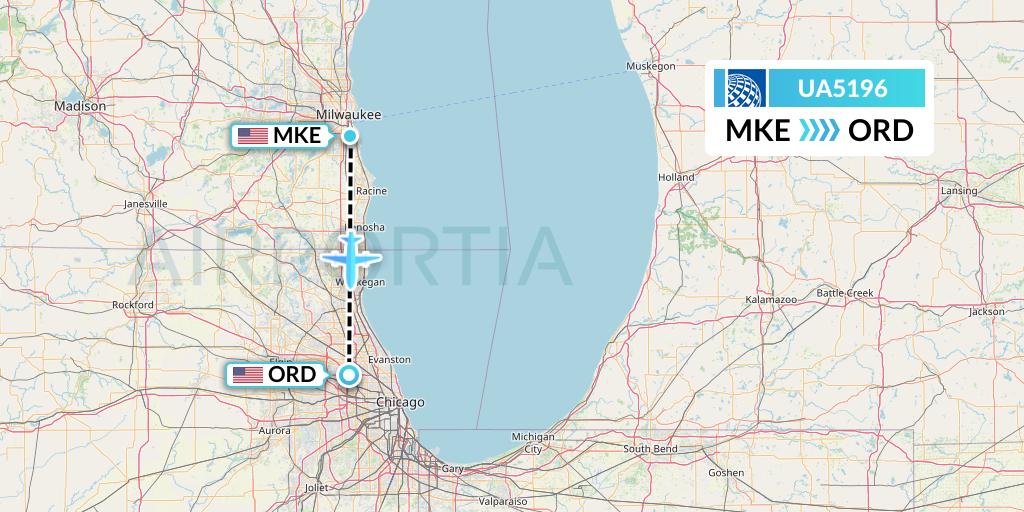 UA5196 United Airlines Flight Map: Milwaukee to Chicago
