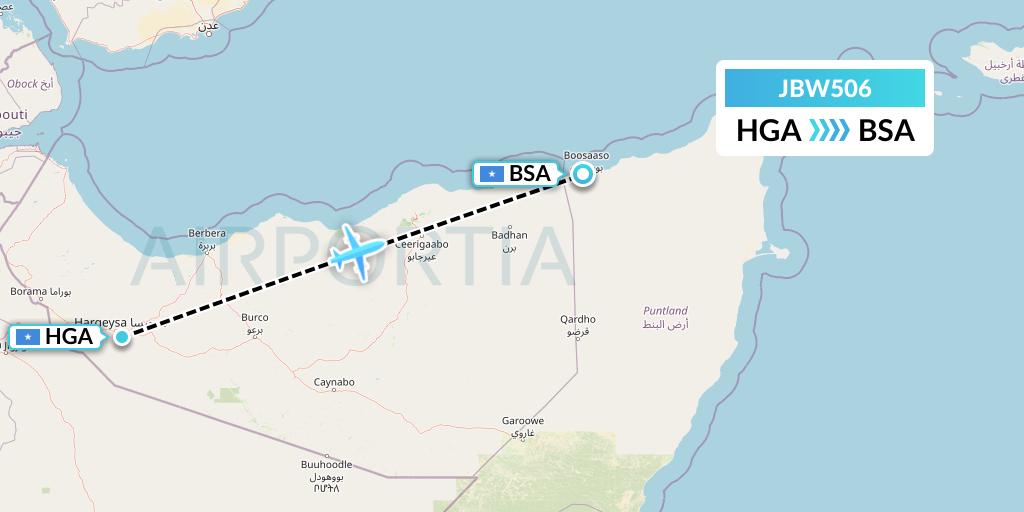 JBW506 Jubba Airways Flight Map: Hargeisa to Bosaso