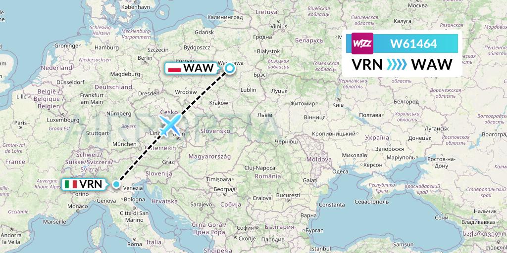 W61464 Wizz Air Flight Map: Verona to Warsaw
