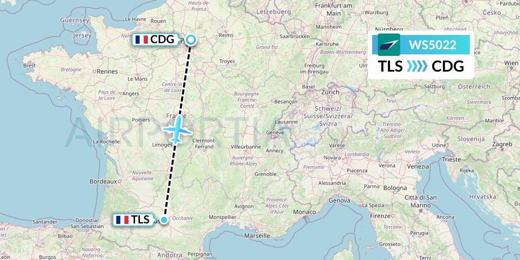 WS5022 WestJet Flight Map: Toulouse to Paris
