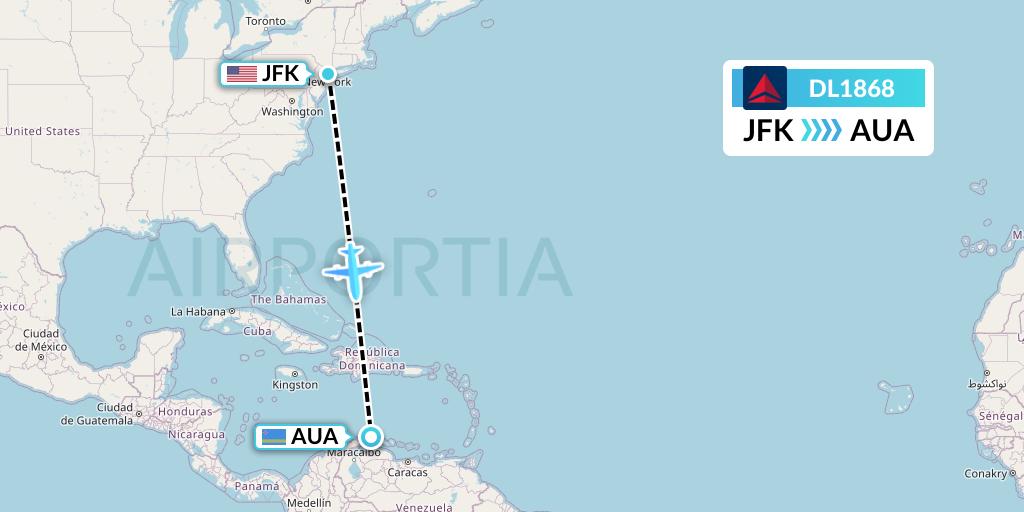 DL1868 Delta Air Lines Flight Map: New York to Oranjestad