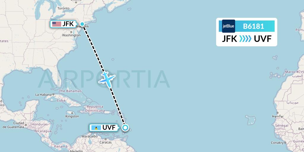 B6181 JetBlue Airways Flight Map: New York to Vieux Fort