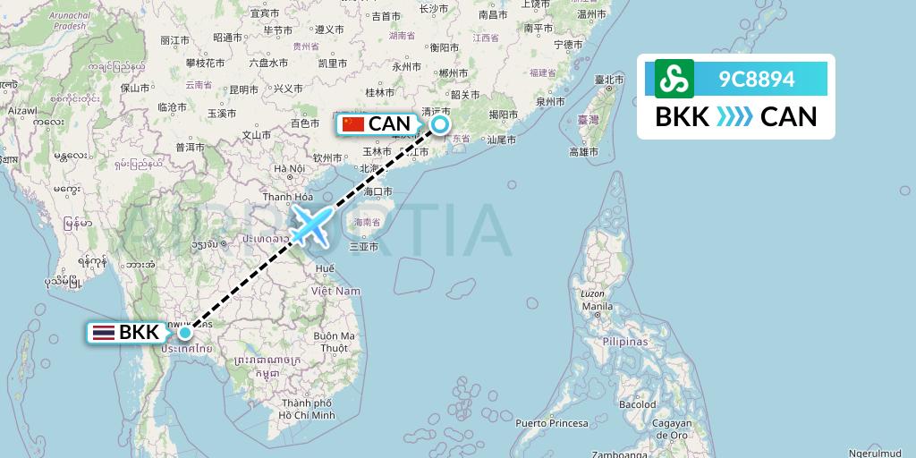 9C8894 Spring Airlines Flight Map: Bangkok to Guangzhou