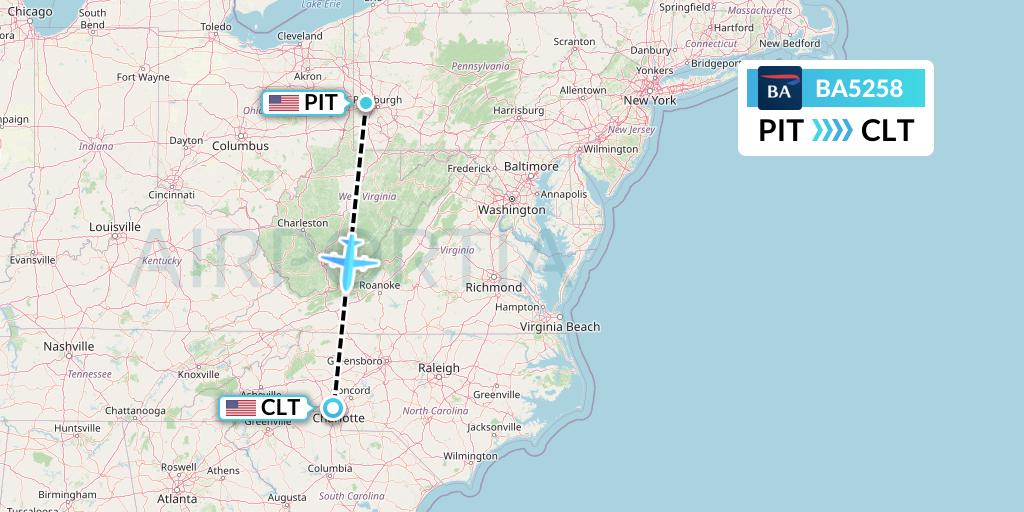 BA5258 British Airways Flight Map: Pittsburgh to Charlotte