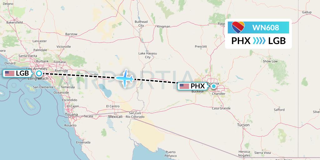 WN608 Southwest Airlines Flight Map: Phoenix to Long Beach
