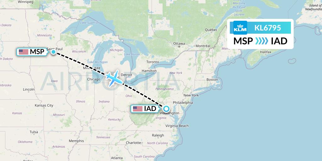 KL6795 KLM Flight Map: Minneapolis to Washington