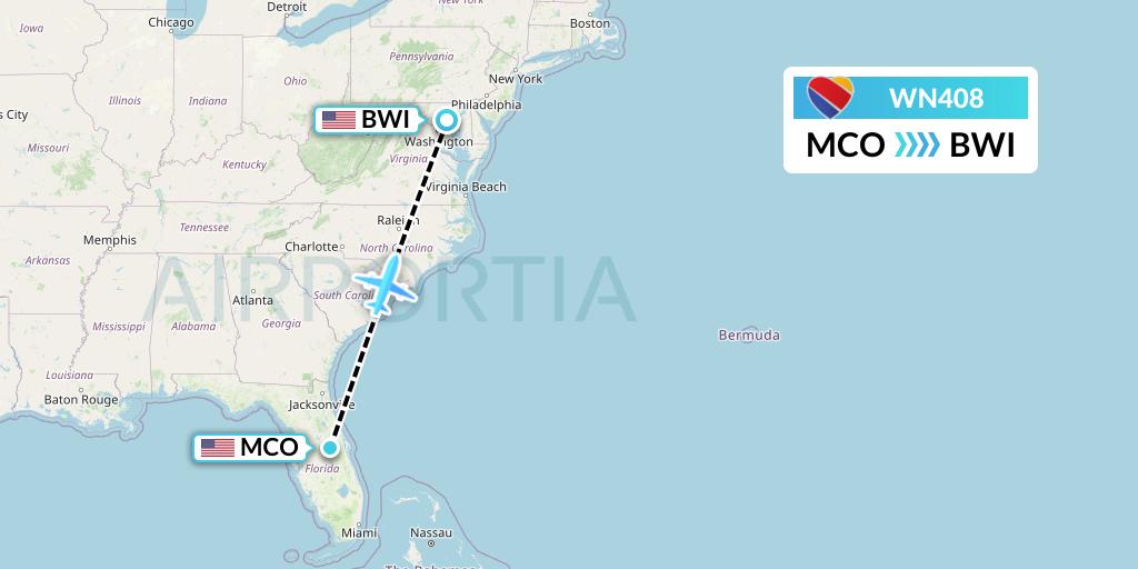WN408 Southwest Airlines Flight Map: Orlando to Baltimore
