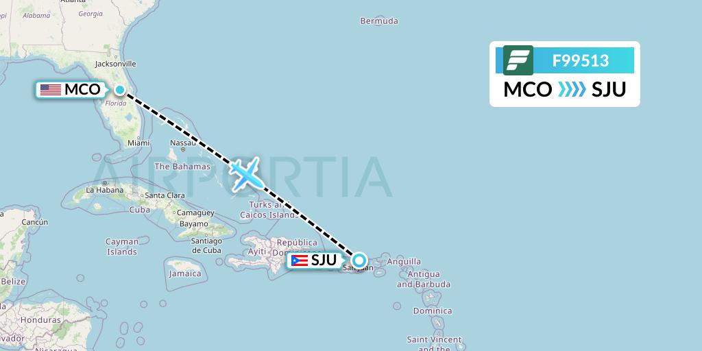 F99513 Frontier Airlines Flight Map: Orlando to San Juan