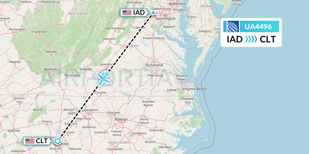 UA4496 United Airlines Flight Map: Washington to Charlotte