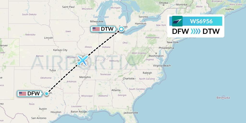WS6956 WestJet Flight Map: Dallas to Detroit