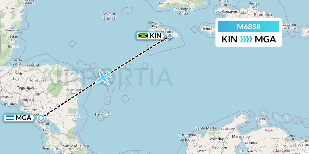 M6858 Amerijet International Flight Map: Kingston to Managua