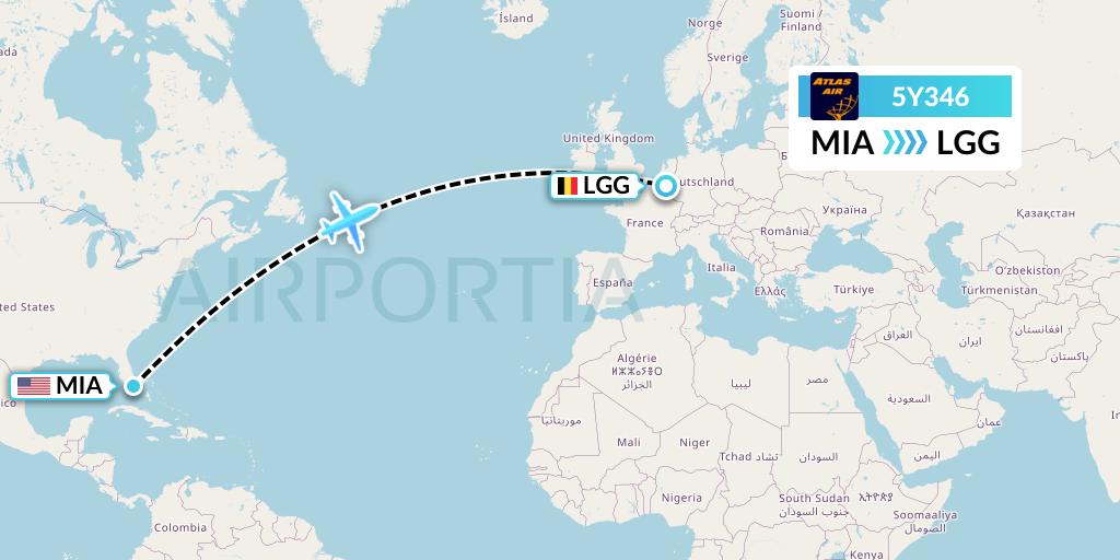 5Y346 Atlas Air Flight Map: Miami to Liege