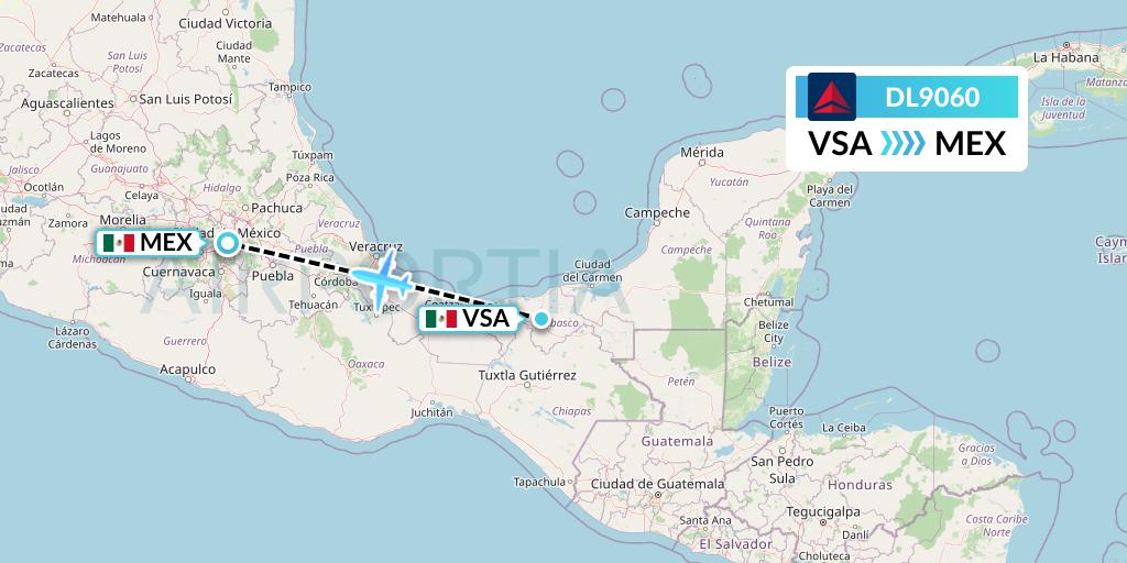 DL9060 Delta Air Lines Flight Map: Villahermosa to Mexico City