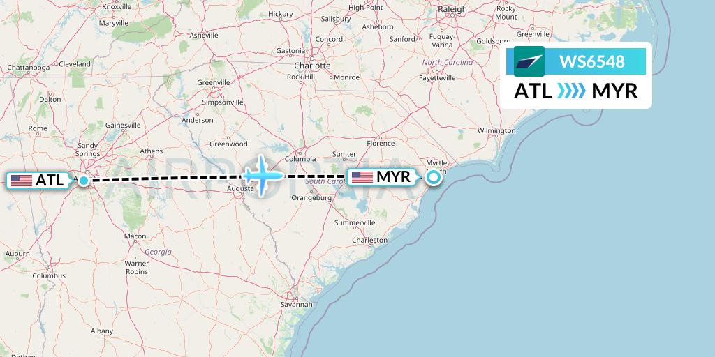 WS6548 WestJet Flight Map: Atlanta to Myrtle Beach