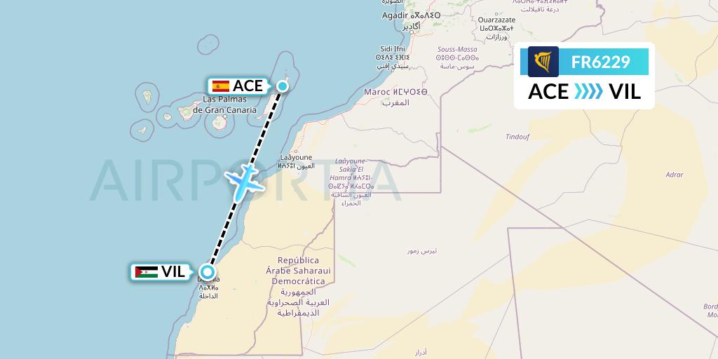 FR6229 Ryanair Flight Map: Lanzarote to Dakhla