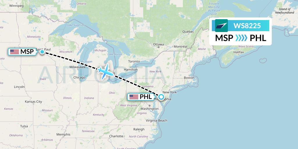 WS8225 WestJet Flight Map: Minneapolis to Philadelphia
