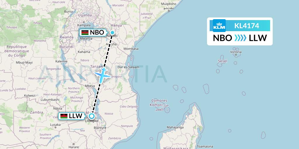 KL4174 KLM Flight Map: Nairobi to Lilongwe