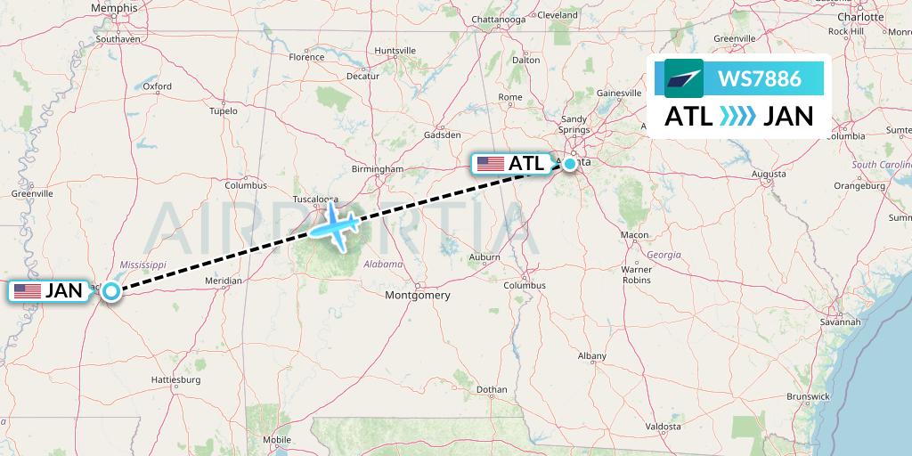 WS7886 WestJet Flight Map: Atlanta to Jackson