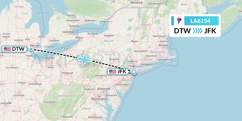 LA6154 LAN Airlines Flight Map: Detroit to New York