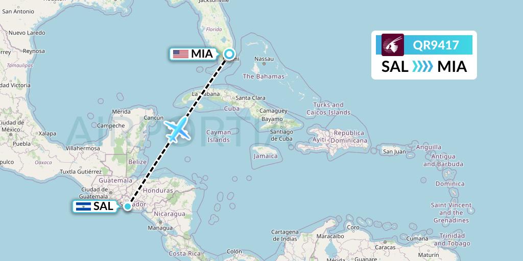 QR9417 Qatar Airways Flight Map: San Salvador to Miami