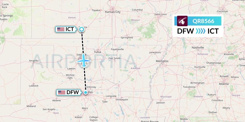 QR8566 Qatar Airways Flight Map: Dallas to Wichita