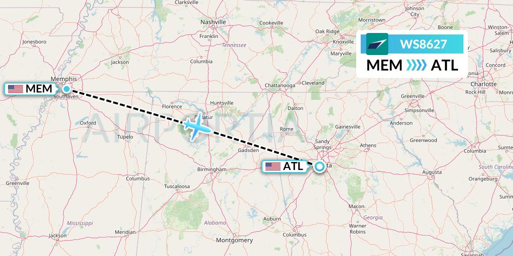 WS8627 WestJet Flight Map: Memphis to Atlanta