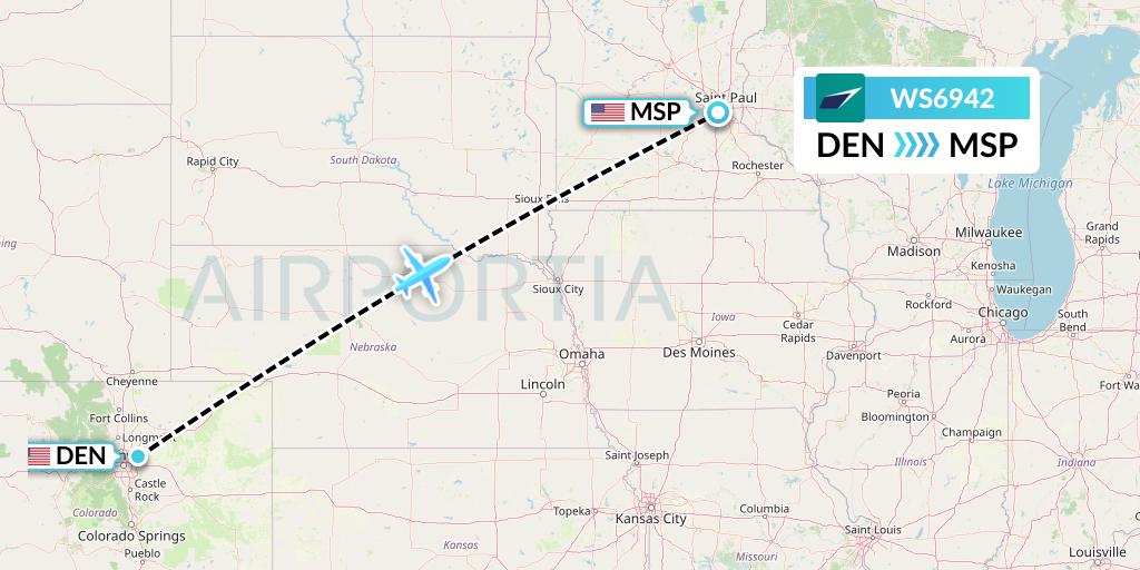 WS6942 WestJet Flight Map: Denver to Minneapolis