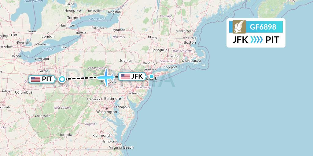 GF6898 Gulf Air Flight Map: New York to Pittsburgh