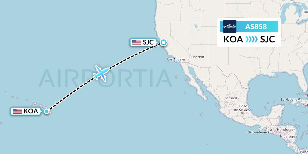 AS858 Alaska Airlines Flight Map: Kailua-Kona to San Jose